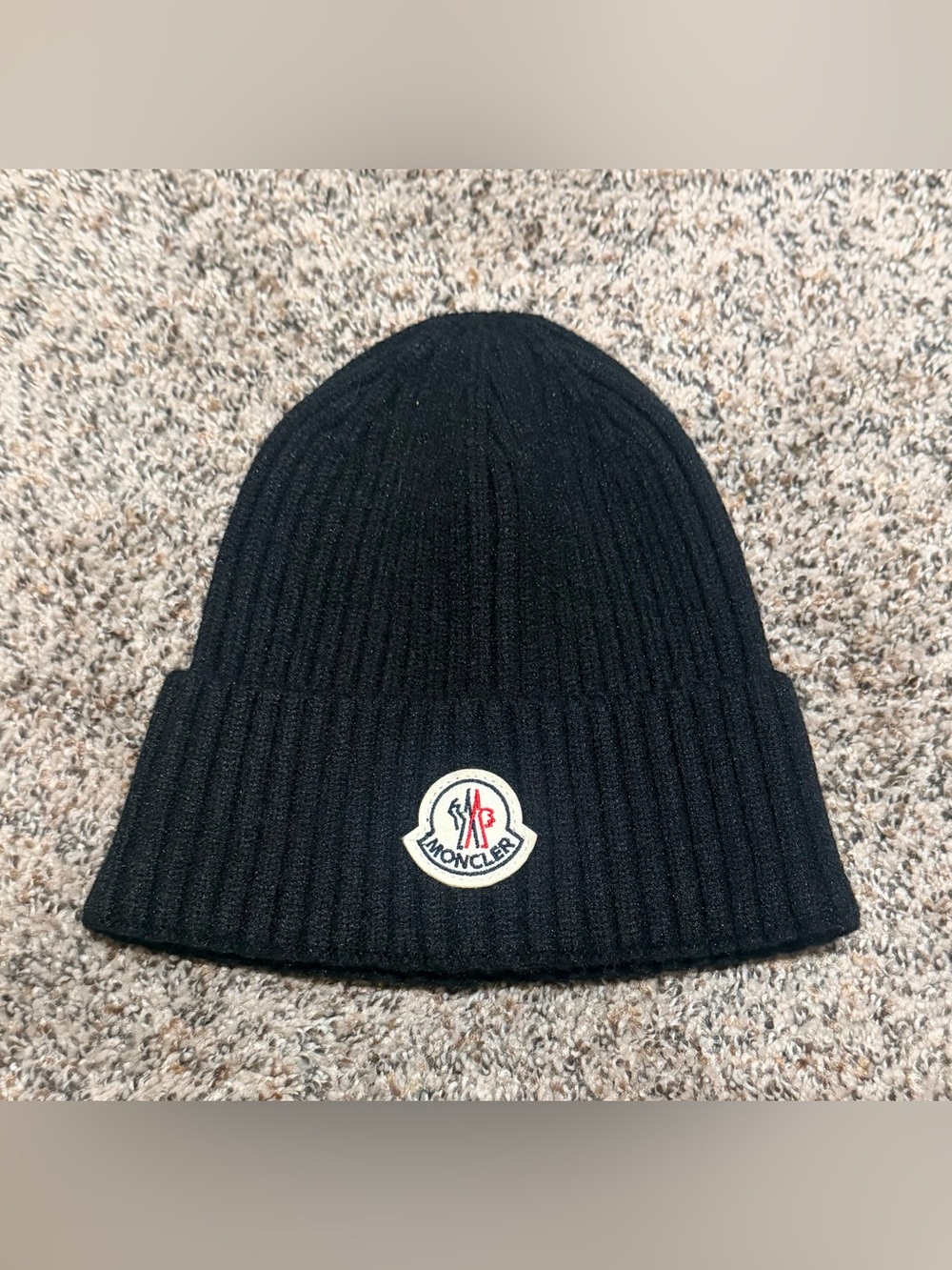Moncler Black Ribbed Knit Beanie with Logo Patch